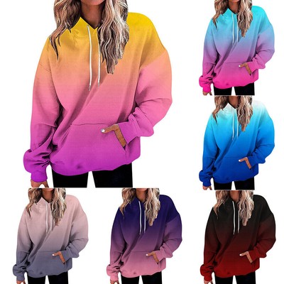 Damen 3D-Farbverlaufs-Langarm-Hoodie-Oberteil Lässiges Baggy-Kapuzen- *