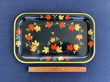 MCM  1950s Enamelware Serving Snack Tray Black Maple Leaves  Fall Thanksgiving