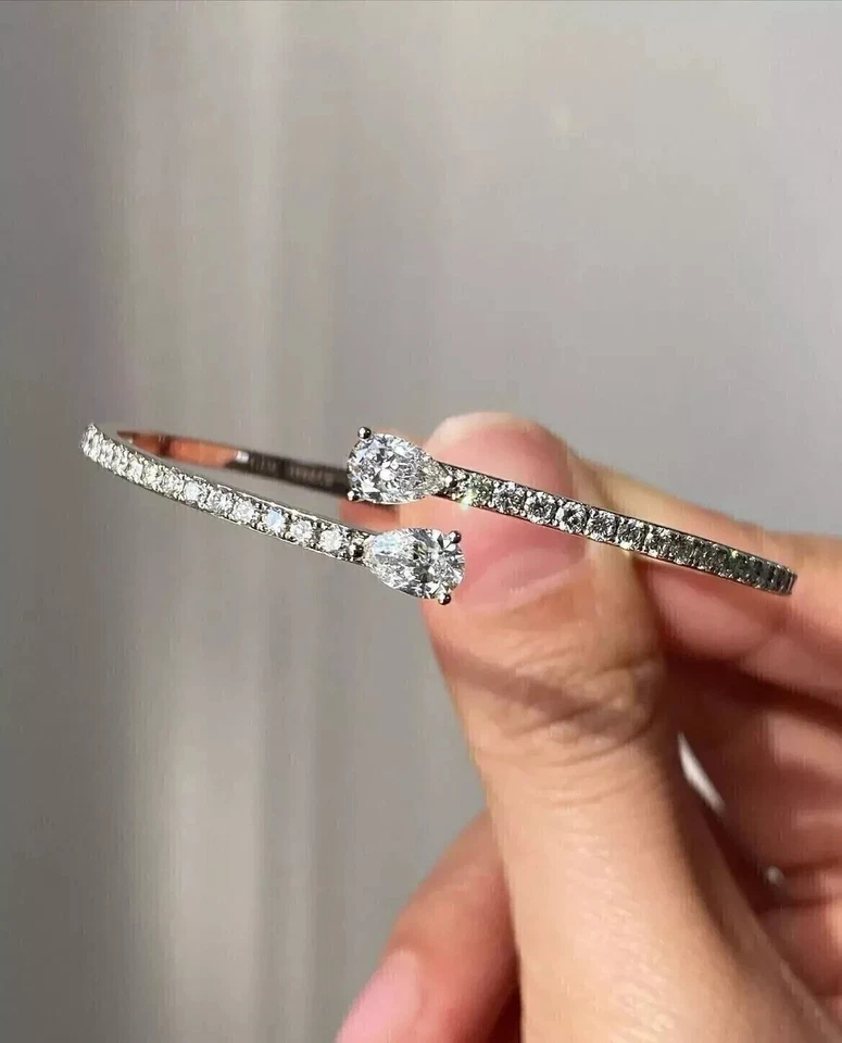 2Ct Pear Cut Lab Created Diamond Women's Bangle Bracelet 14K White Gold Plated - Image 4 of 4