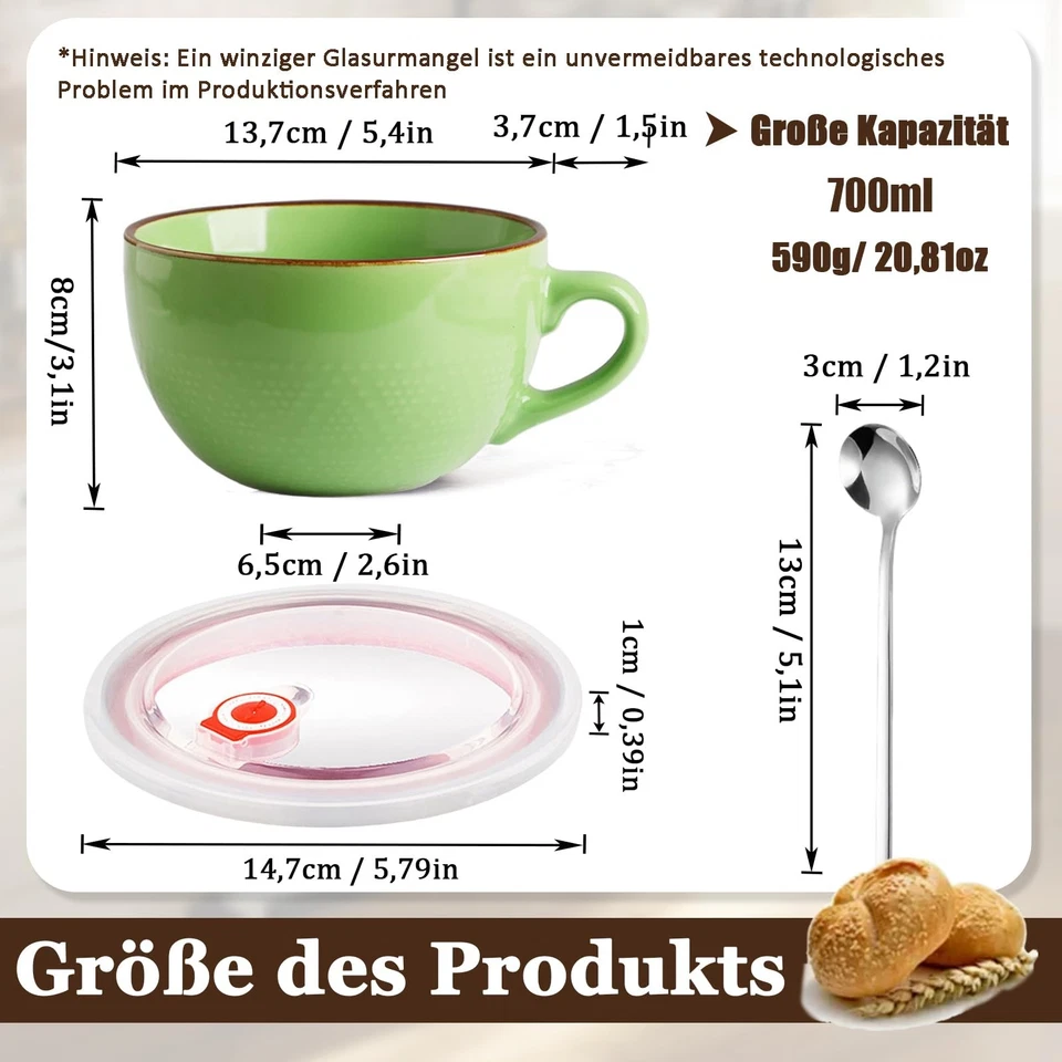 Groß Tasse Keramik, 700ml Groß Müslischalen mit Henkel, Salat Schale, Große T... - Bild 2 von 4