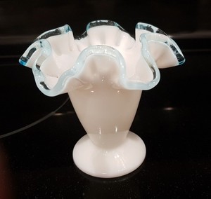 Vintage Fenton Blue Milk Glass 4" Ruffle Vase