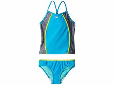 Speedo L101330 Girls Blue Heather Splice Tankini Two-Piece Swim Set Size 8