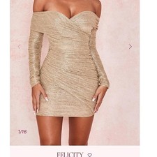House of CB gold ruched mesh off the shoulder dress BNWT