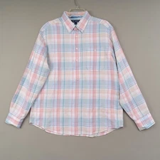 Cremieux Shirt Men's Large Popover Linen Cotton Pink Blue Plaid
