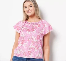Candace Cameron Bure Printed Tulip Sleeve Bow Back Blouse Size XXS Pink A474716
