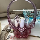 Vintage Fenton Pink Cranberry Glass Basket Ruffled Twisted Handle, Marked