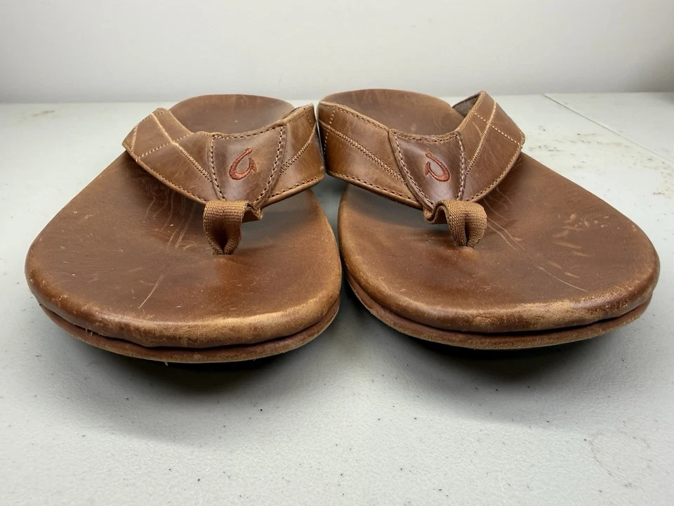 OLUKAI Hokule'a Kia Flip Flops  Beach Outdoor Sandals Brown Leather MENS 14 47 - Image 3 of 4