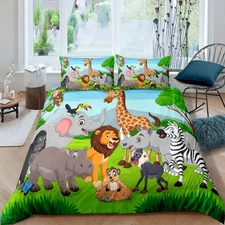 Kids Duvet Cover Set Cartoon Lion Elephant Giraffe Printed Bedding Set Child ...