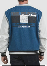 True Religion Mens Varsity Jacket Blue Denim White Sleeve Buddha Logo Size L