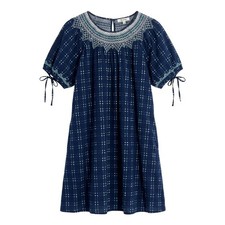 Madewell Embroidered Yoke Dress Women Large Blue Grid Smocked Puff Sleeve Cotton