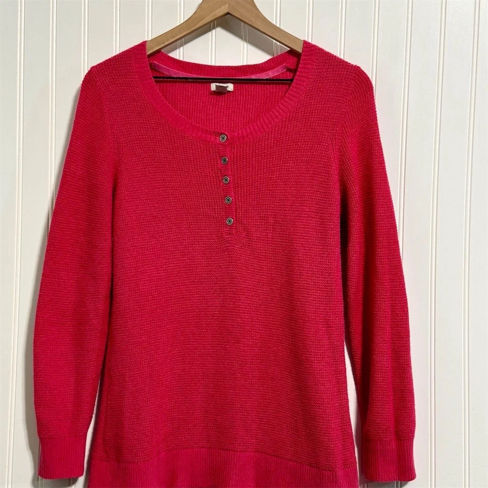 L.L.Bean Cotton Cashmere Sweater M Pink Waffle Knit Henley Button Pullover Cozy - Image 3 of 4