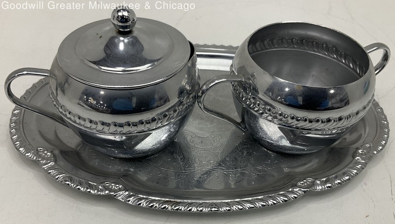 Vintage Irvinware Chrome-Tone Sugar Bowl with Lid, Creamer & Serving Tray Set