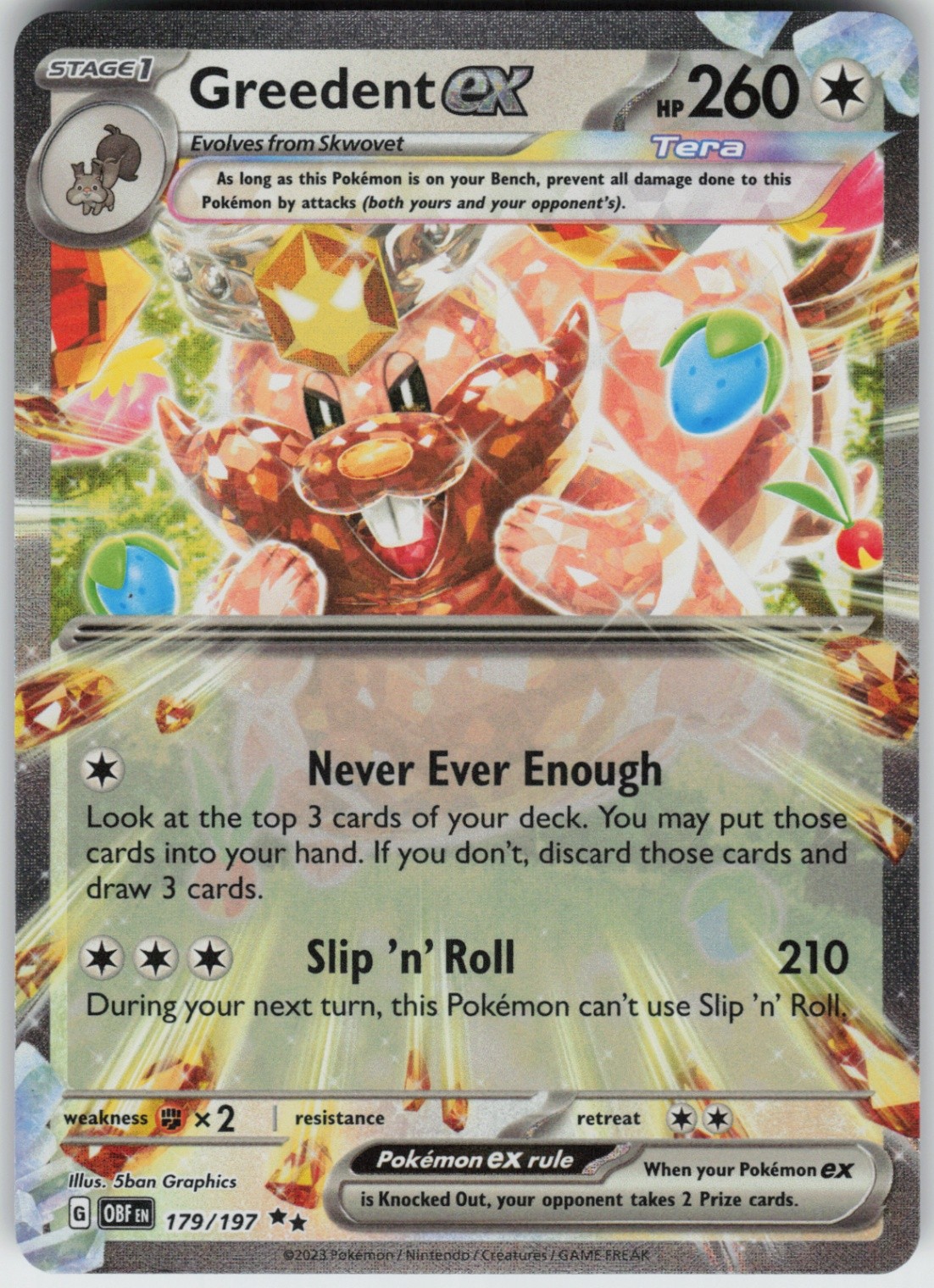 Holo Foil Greedent ex 179/197 Double Rare SV03: Obsidian Flames Near Mint