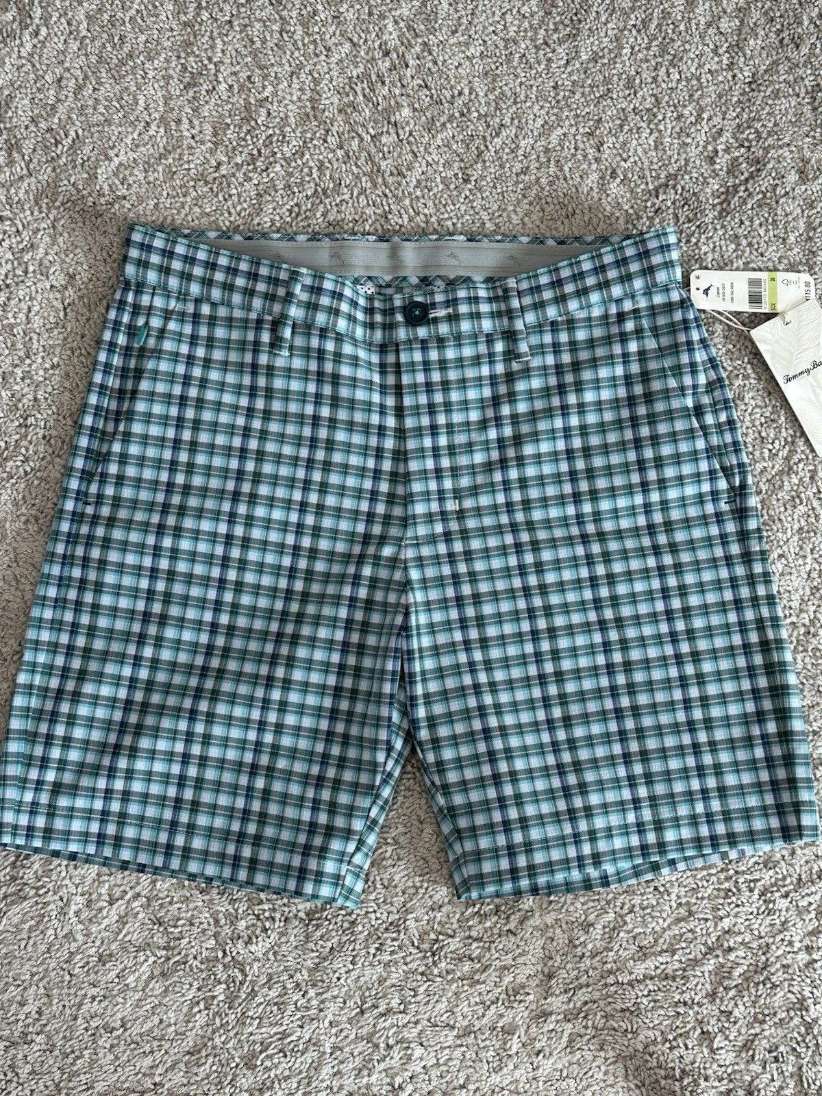 NWT Tommy Bahama IslandZone Top Deck Check Men’s 30 Teal Plaid Shorts UPF