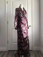 Silky Burgundy Floral Print Maxi Gown Robe 1X