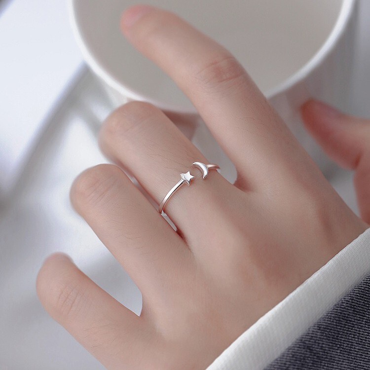 925 Sterling Silver Moon Star Adjustable Ring Womens Girls Jewellery