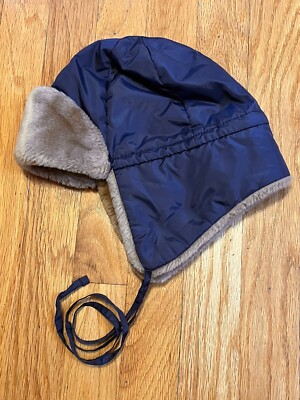 IL GUFO BOYS NAVY BLUE & TAN TRAPPER HAT WITH TIE STRAPS MADE IN ITALY