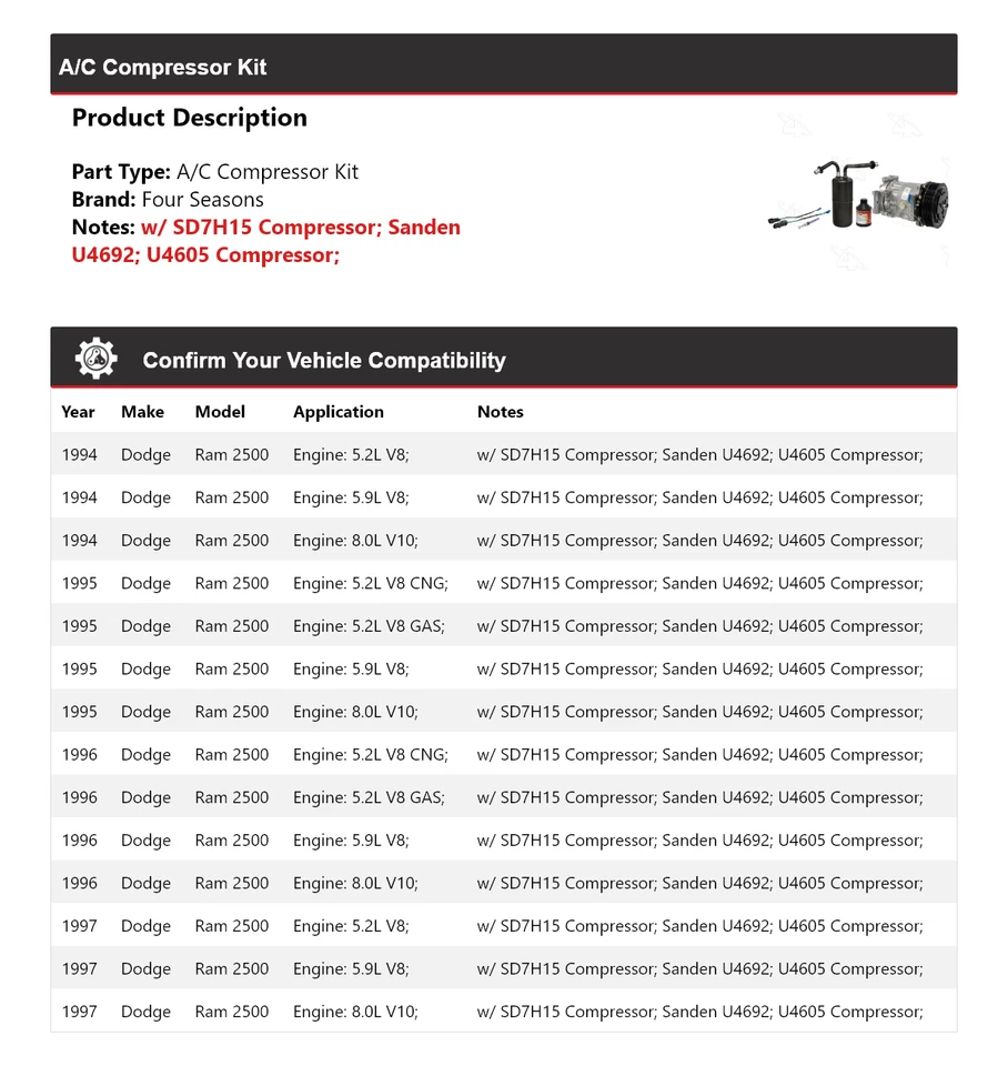 Kit de compresor de aire acondicionado para Dodge Ram 2500 1994-1997 4 estaciones 1995 1996 Foto 2 de 4