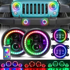 APP 7" RGB LED Headlight Halo + 4'' Fog Light Chasing For Jeep Wrangler JK TJ LJ