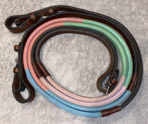 ADULT PINK ,GREEN & BLUE BROWN LEATHER RUBBER GRIP ENGLISH TRAINING REINS 56''