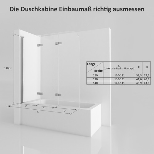 Badewannenaufsatz Faltwand ESG 2 teilig Duschwand Dusche Glas Nano Faltbar - Bild 8 von 14