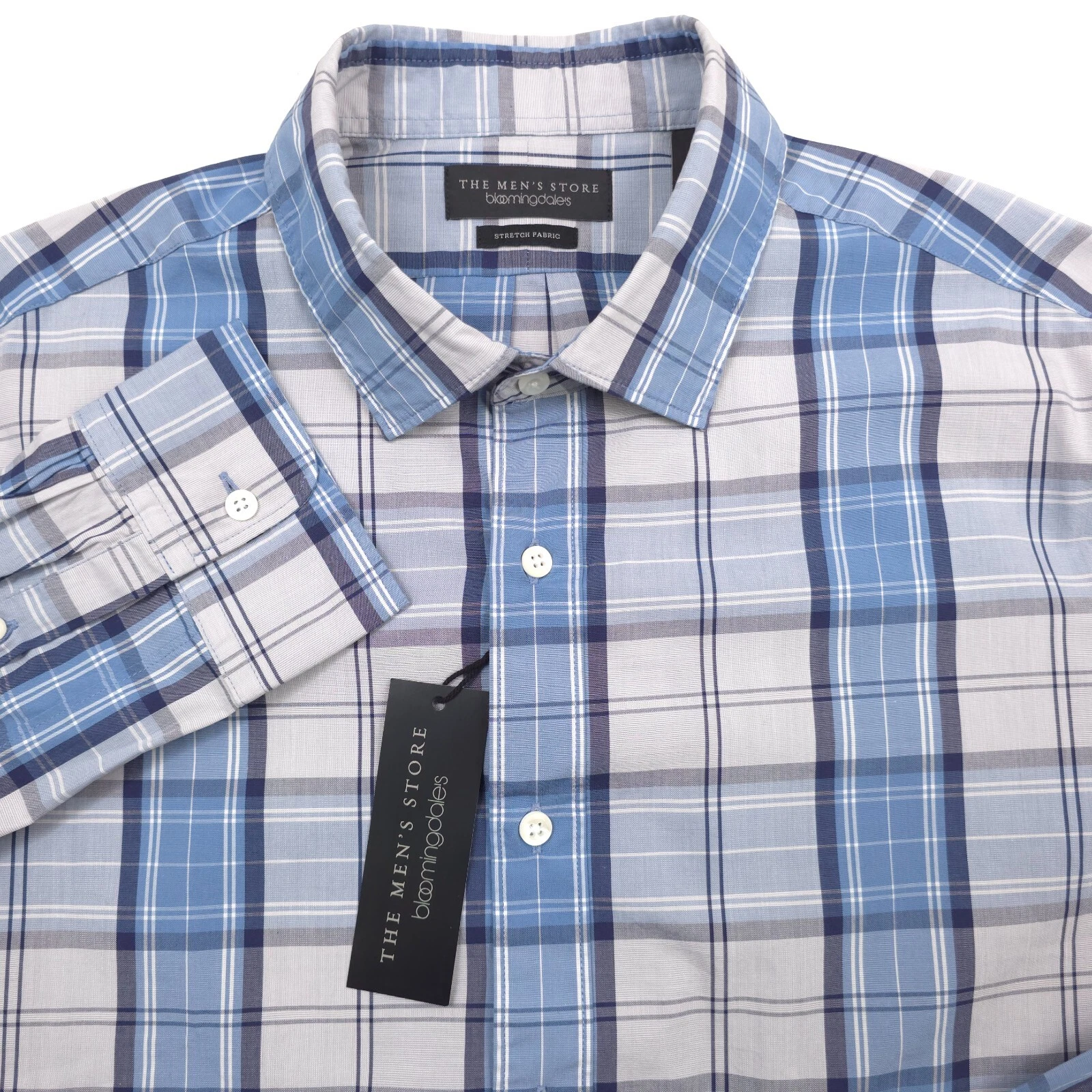 $108 Bloomingdales Blue & Gray Plaid Slim Fit Button Up Shirt Mens Size Large