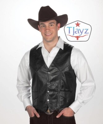 TJAYZ Western 100% Leather Vest Biker Interior Pocket Snap Closure