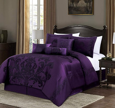 7-Piece Jacquard Floral Comforter Set California King, Purple/Dark Purple 