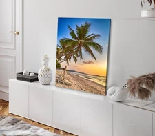 Palm Tropical Beach at Sunset Sky Photograph Stretched Canvas 40x50cm Print