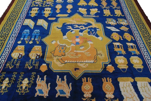 Antique Chinese Art Deco Rug Ninghshia Rug Guardian Lions Peking Blue 8X9 C.1900 - Picture 11 of 12