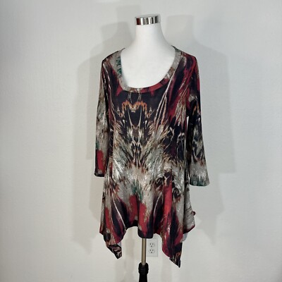 Philosophy Womans Top XL Tunic 3/4 Slv Black Red Stretch Jersey Knit Brushstroke