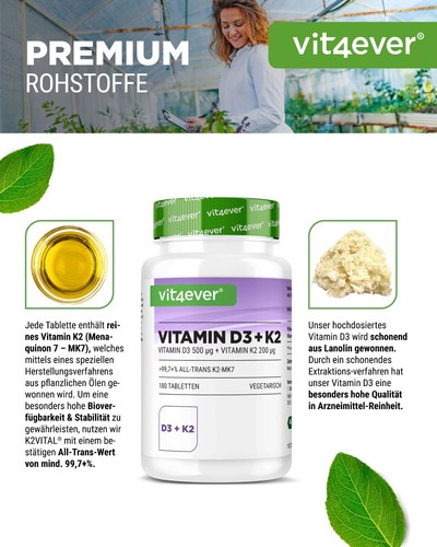 Vitamin D3 20.000 I.E. + Vitamin K2 200mcg 180 Tabletten MK-7 Menachinon-7 IE IU - Bild 3 von 7