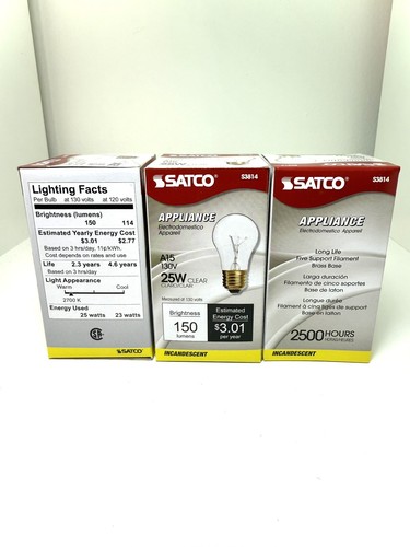 SATCO S3814 25W 130V A15 Clear Bulb Standard Brass Base 3 APCK - Picture 4 of 8