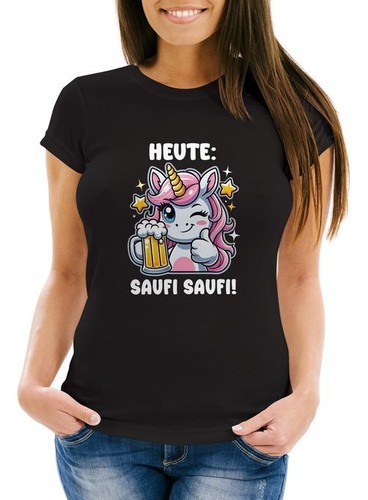 Damen T-Shirt Einhorn Spruch Sauf Saufi Bier Frauen Party Feiern Fun-Shirt - 第 1/4 張圖片