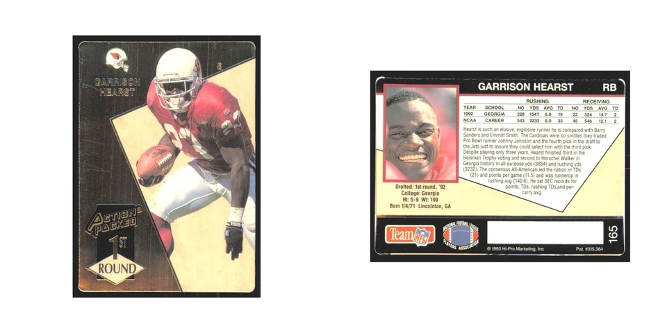 1993 Action Packed Garrison Hearst Phoenix Cardinals #165 - Image 3 of 3