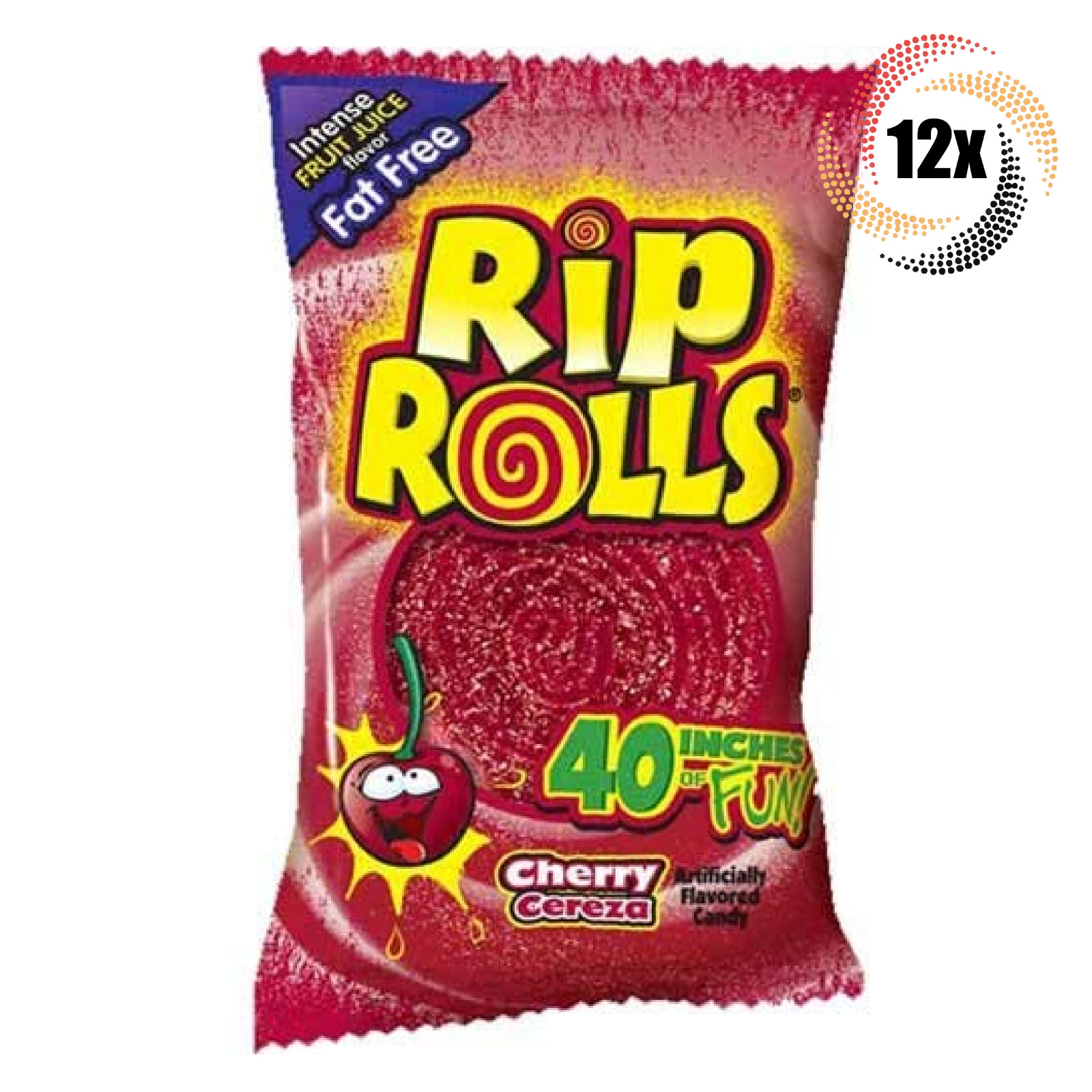 12x Packs Rip Rolls Cherry Flavored Fat Free Candy | 40 Inches of Fun | 1.4oz