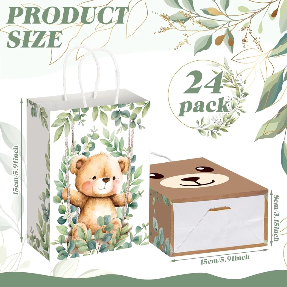 24 Piezas Oso Fiesta Favores Lindo Oso Papel Regalo Bolsas con Asas Baby Shower Gree Foto 2 de 4