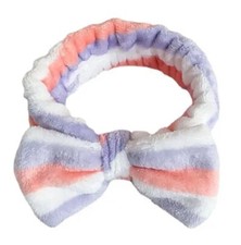 PLUSH Stripes Pink White Purple Bow Soft Fleece Spa Hair Band Wrap Headband