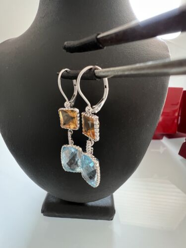 14K White Gold Natural 10.40CT Emerald Blue Yellow Topaz Diamond Drop Earrings - Picture 7 of 12