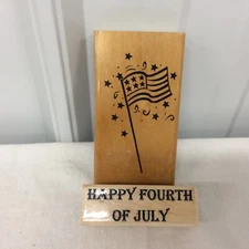 Happy Fourth Of July & Flag With Stars/ Swirls Rubber Stamps (2 Stamps)