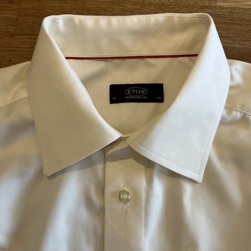 £140 ETON HERREN (17") ELFENBEINFARBEN FISCHGRÄTMUSTER GEWEBT ELEGANTES FREIZEITHEMD C4
