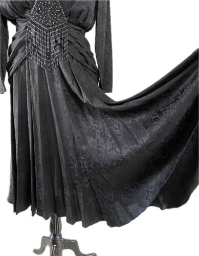 Vintage D’Ore 80s Black Silk Beaded Fringe Party Dress Art Deco Dynasty Sz 6 - Picture 3 of 9