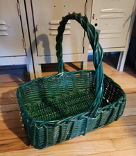 Vintage Large 17 x 13 Basket Green Splint Wicker Cottagecore Storage Rectangle