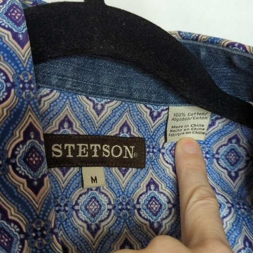 Stetson Western Shirt Medium Pearl Snap Medallion Blue Long Sleeve Cowboy Rodeo - Picture 3 of 6