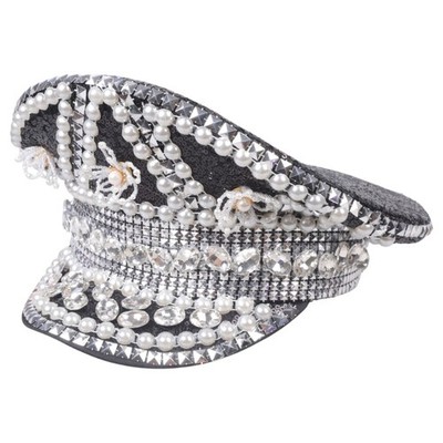 Jeweled Hat Pearls Crystal Studded Captain Hat for Women  display picture 3