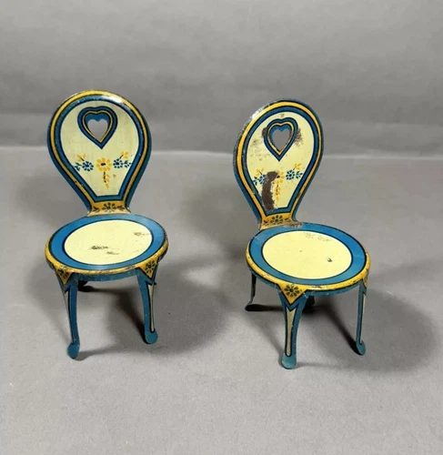 Antique Lithograph Dollhouse Peacock Art Nouveau Metal Chairs J. Chein