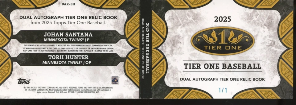 Libro de reliquias doble automático Topps Tier One Johan Santana & Torii Hunter 2025 1/1 Foto 2 de 2