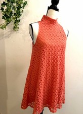 DEREK HEART Dress Sz M Orange Lacey Crochet Sleeveless Keyhole High Neck A-Line