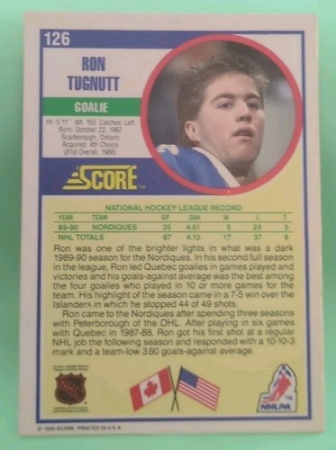 1990-91 Score - Ron Tugnutt #126 - Quebec Nordiques - Picture 2 of 2