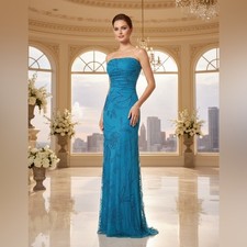 Elegant Strapless hand beaded Blue Evening Gown